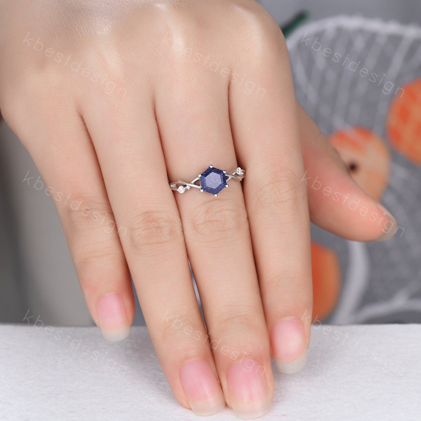 Hexagon cut Blue sandstone engagement ring Unique twig twisted wedding ring Women Vintage engagement ring White gold Promise Ring Gift