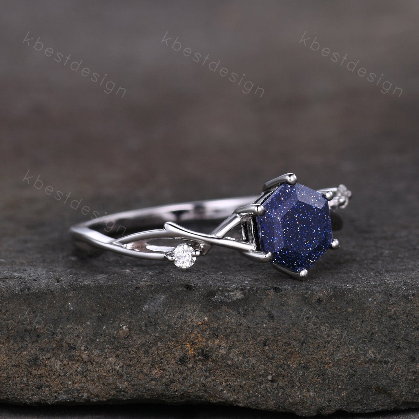 Hexagon cut Blue sandstone engagement ring Unique twig twisted wedding ring Women Vintage engagement ring White gold Promise Ring Gift