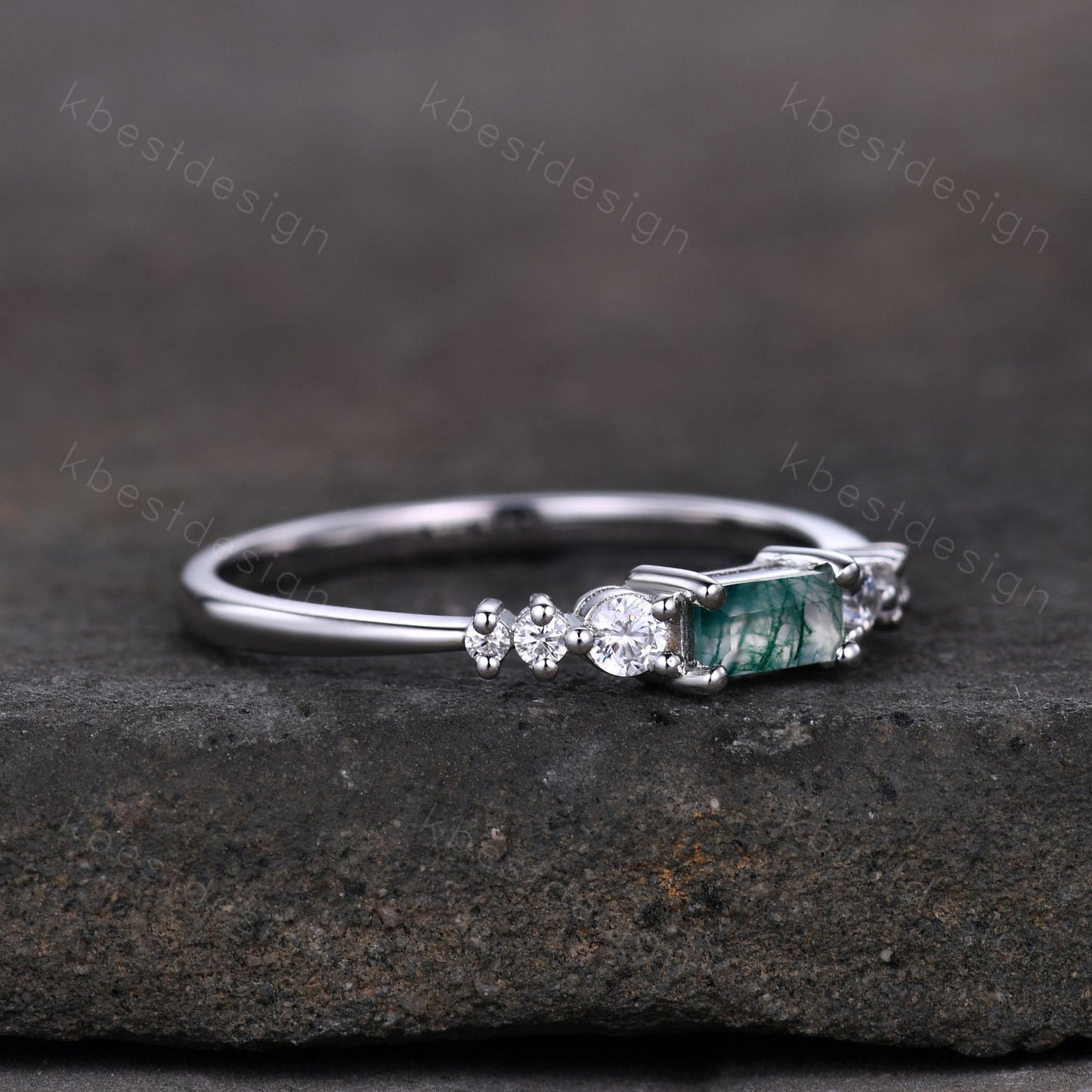 Baguette cut Moss Agate Wedding Band Unique Sterling Silver Wedding Band Antique Moissanite Ring Minimalist Bridal Matching Stackable band