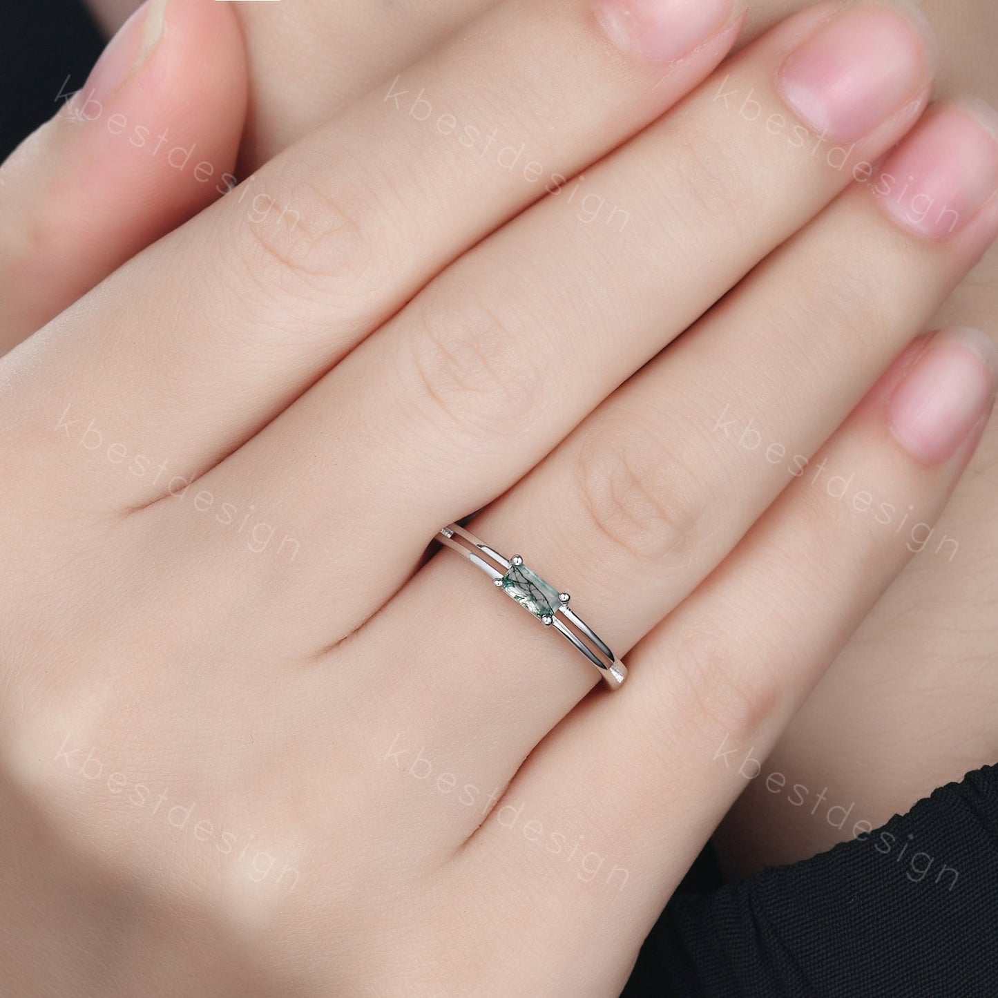Dainty Moss Agate Engagement Ring Unique Split Shank Ring Sterling Silver Baguette Green Agate Ring Minimalist Promise Anniversary Gift