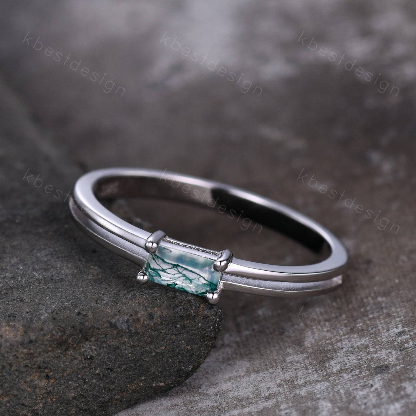 Dainty Moss Agate Engagement Ring Unique Split Shank Ring Sterling Silver Baguette Green Agate Ring Minimalist Promise Anniversary Gift