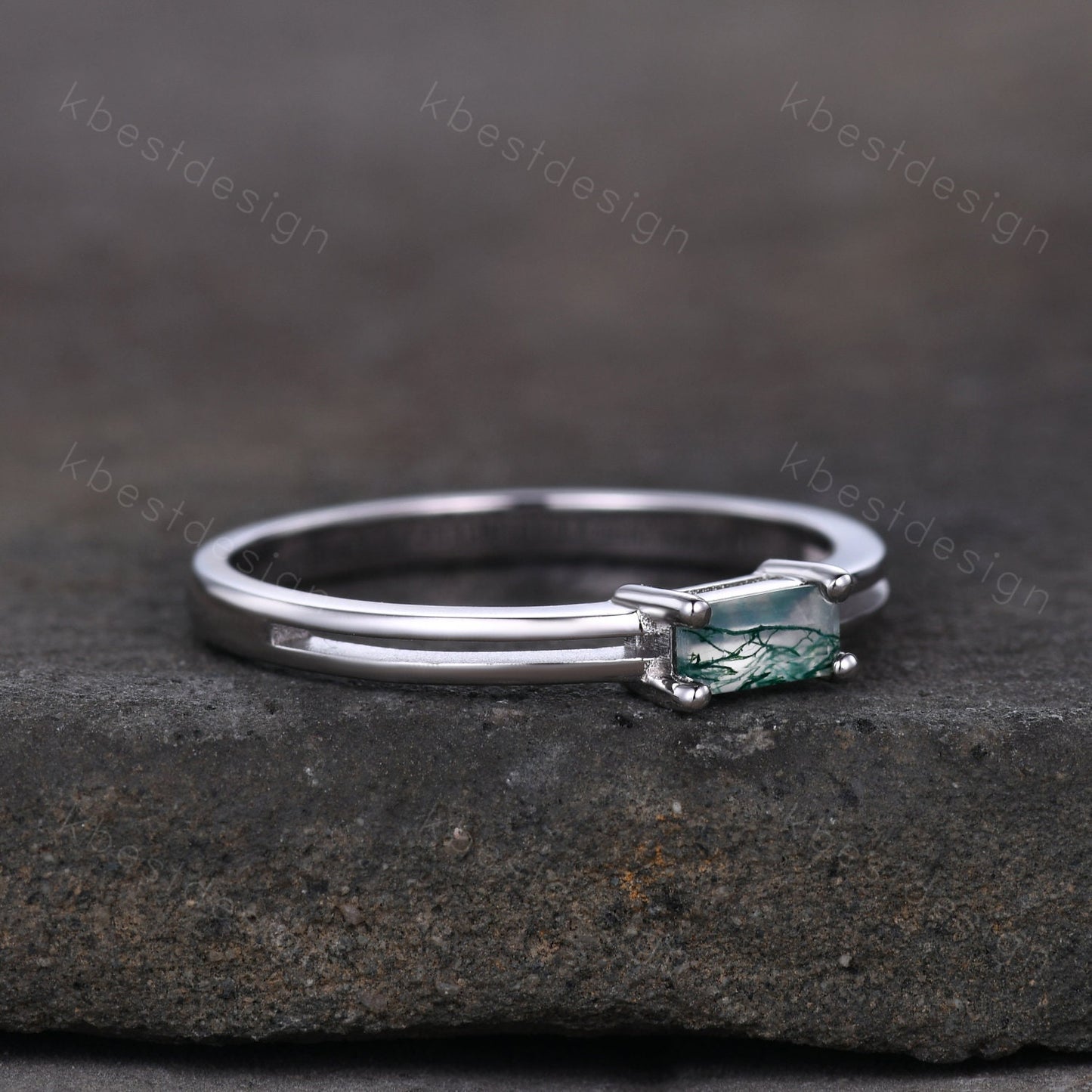 Dainty Moss Agate Engagement Ring Unique Split Shank Ring Sterling Silver Baguette Green Agate Ring Minimalist Promise Anniversary Gift