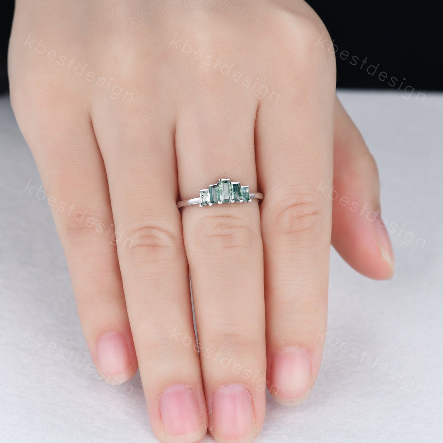 Unique Moss Agate Wedding Ring Sterling Silver Baguette cut Ring Green Moss agate Cluster ring Five Stone Ring Art Deco Stacking Band