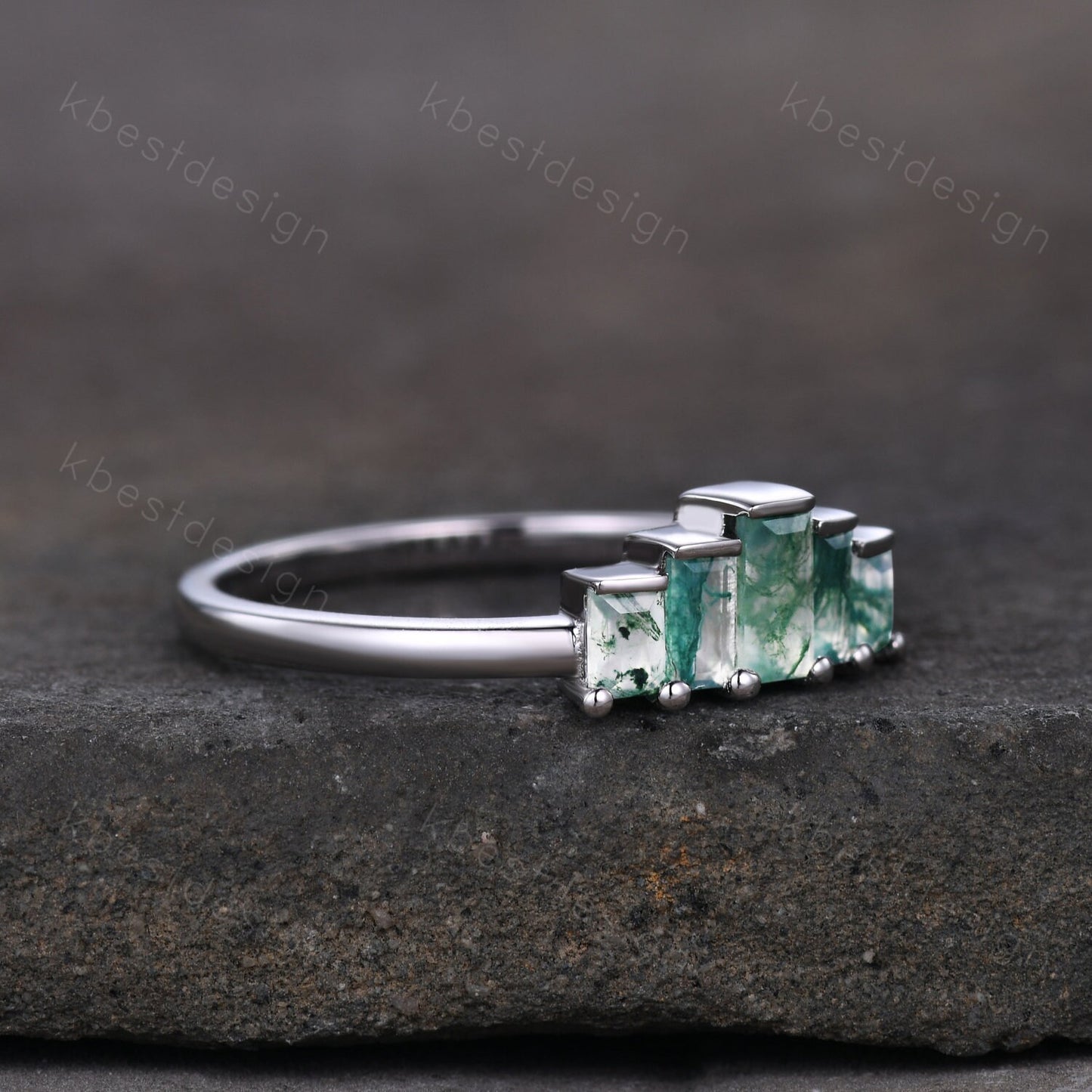 Unique Moss Agate Wedding Ring Sterling Silver Baguette cut Ring Green Moss agate Cluster ring Five Stone Ring Art Deco Stacking Band
