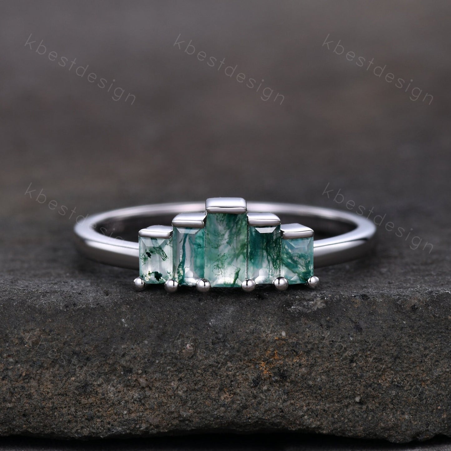 Unique Moss Agate Wedding Ring Sterling Silver Baguette cut Ring Green Moss agate Cluster ring Five Stone Ring Art Deco Stacking Band