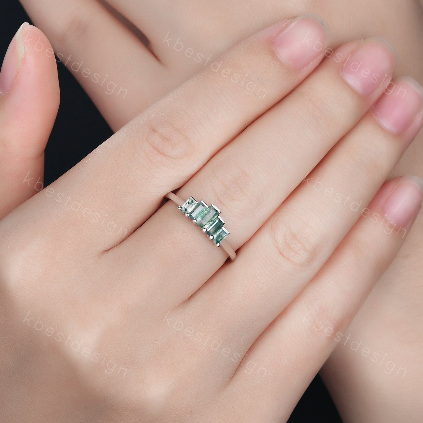 Unique Moss Agate Wedding Ring Sterling Silver Baguette cut Ring Green Moss agate Cluster ring Five Stone Ring Art Deco Stacking Band