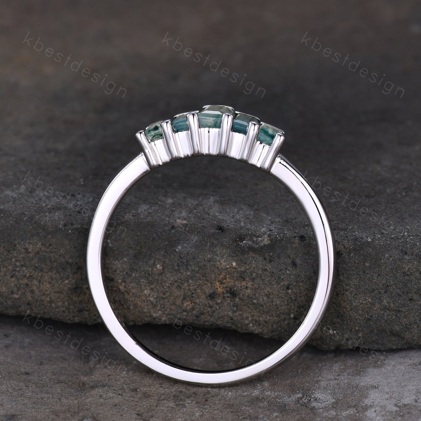 Unique Moss Agate Wedding Ring Sterling Silver Baguette cut Ring Green Moss agate Cluster ring Five Stone Ring Art Deco Stacking Band