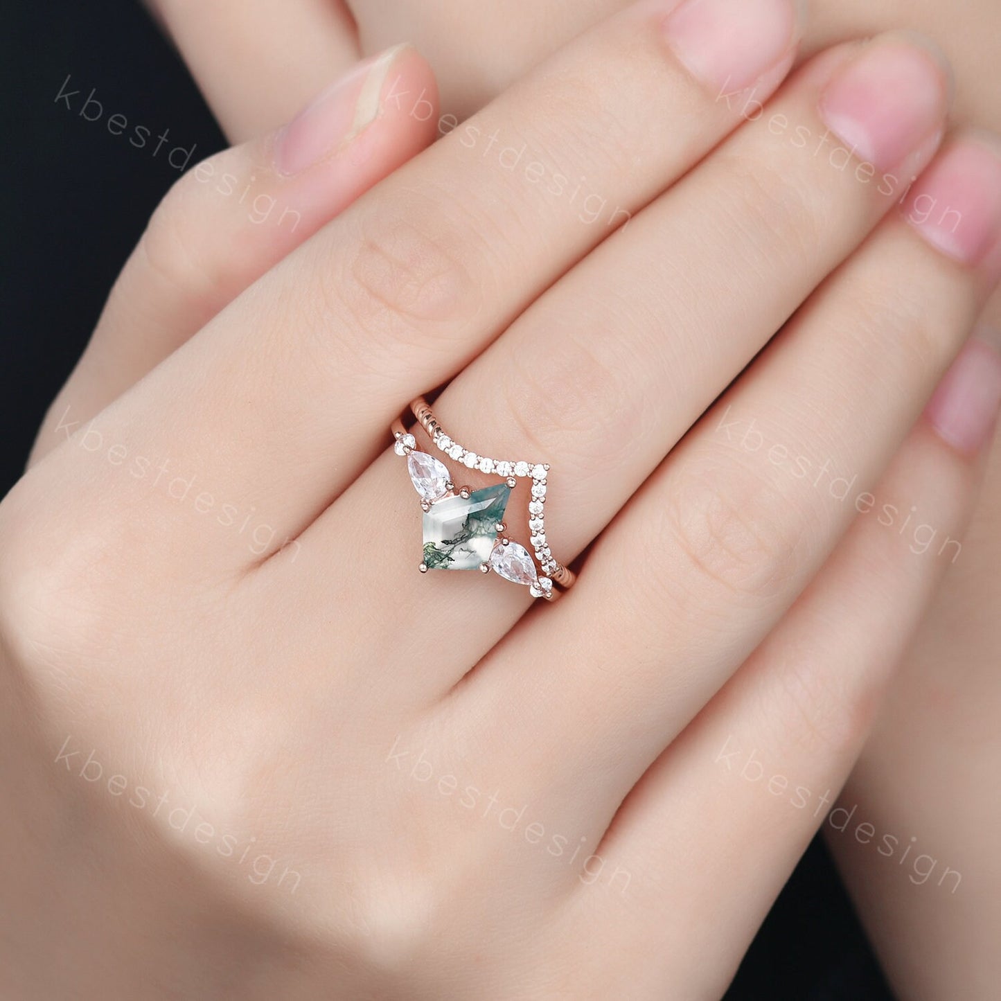 Vintage kite cut green moss agate engagement ring set sterling silver pear shaped wedding ring for women art deco bridal wedding set