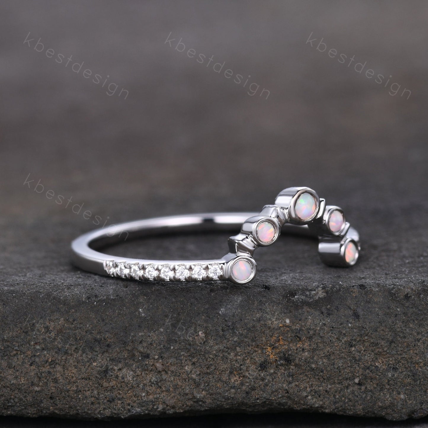 Curved Opal wedding band Unique sterling silver wedding band Half eternity moissanite Stacking matching band Anniversary ring
