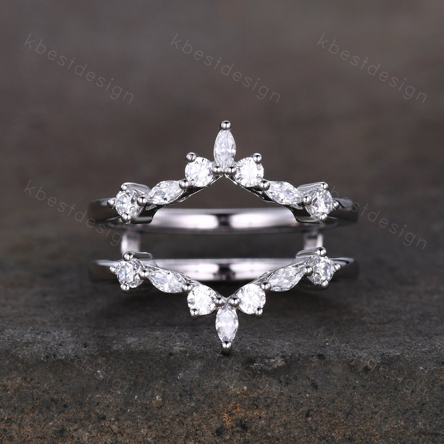 Double curved wedding band Vintage marquise cut Moissanite cluster band Rose gold rings Unique stacking matching bridal ring Promise gift