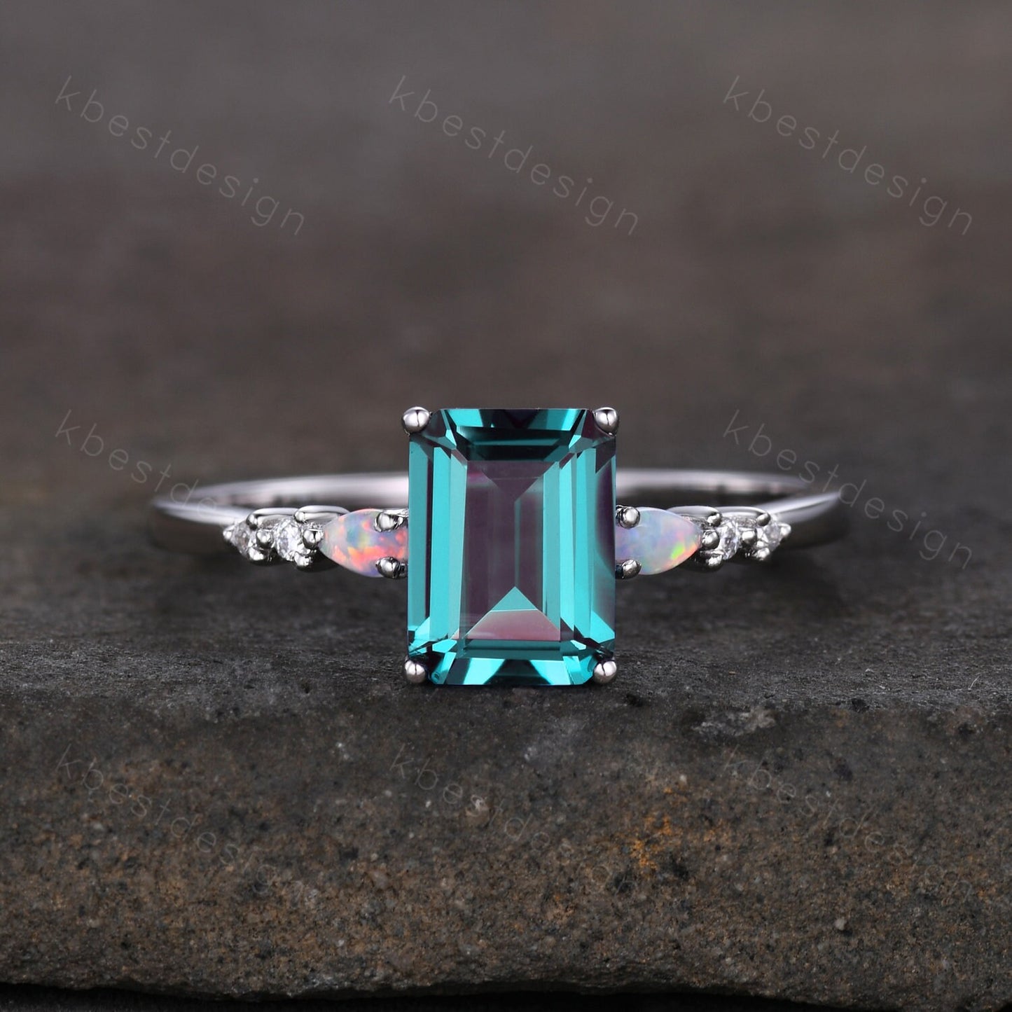 Emerald cut Alexandrite ring white gold ring for women vintage unique Alexandrite engagement ring pear opal wedding ring Promise ring