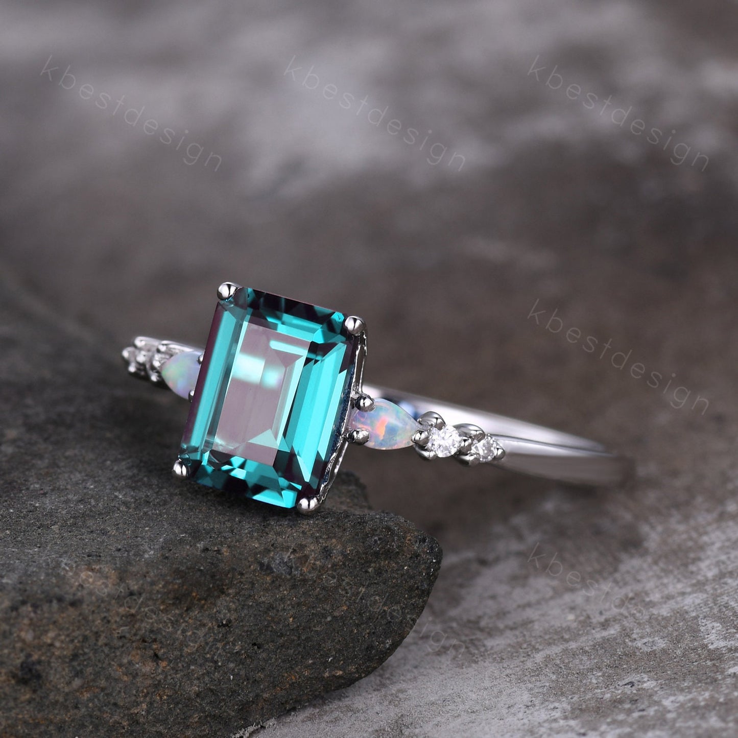 Emerald cut Alexandrite ring white gold ring for women vintage unique Alexandrite engagement ring pear opal wedding ring Promise ring