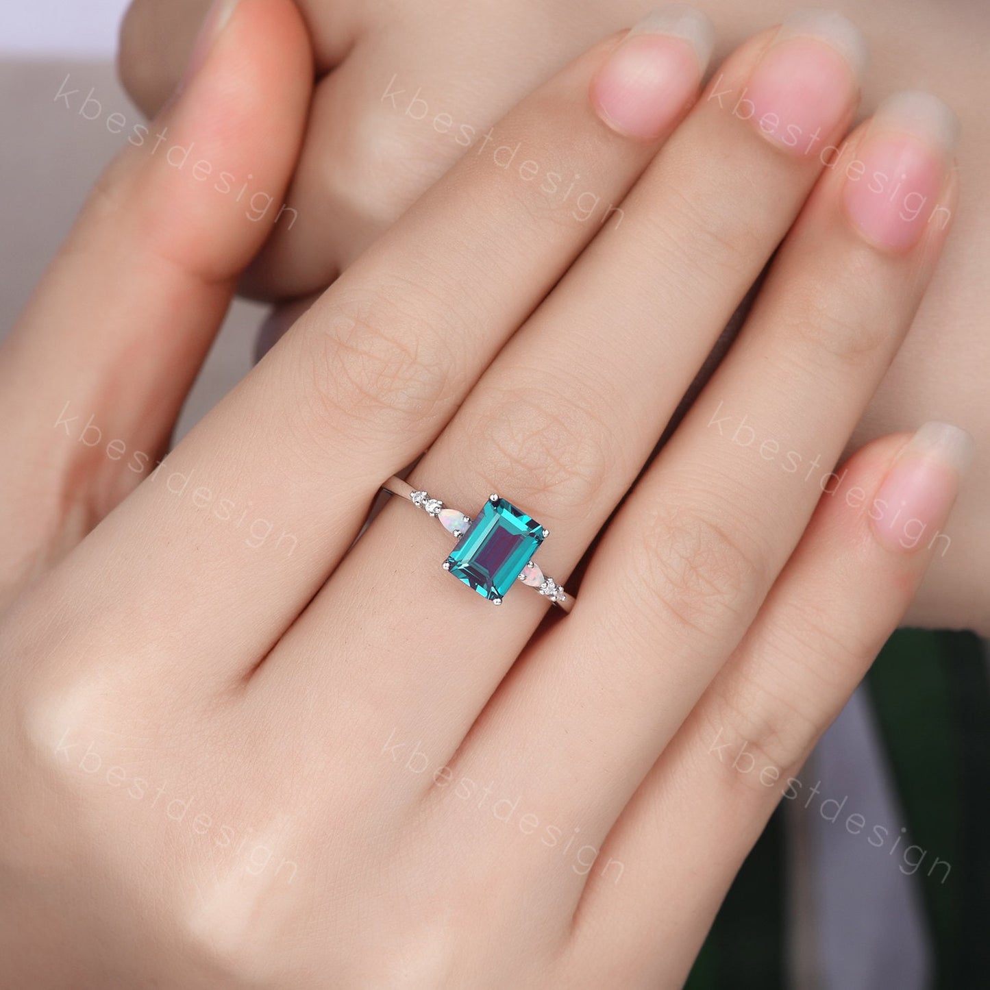 Emerald cut Alexandrite ring white gold ring for women vintage unique Alexandrite engagement ring pear opal wedding ring Promise ring