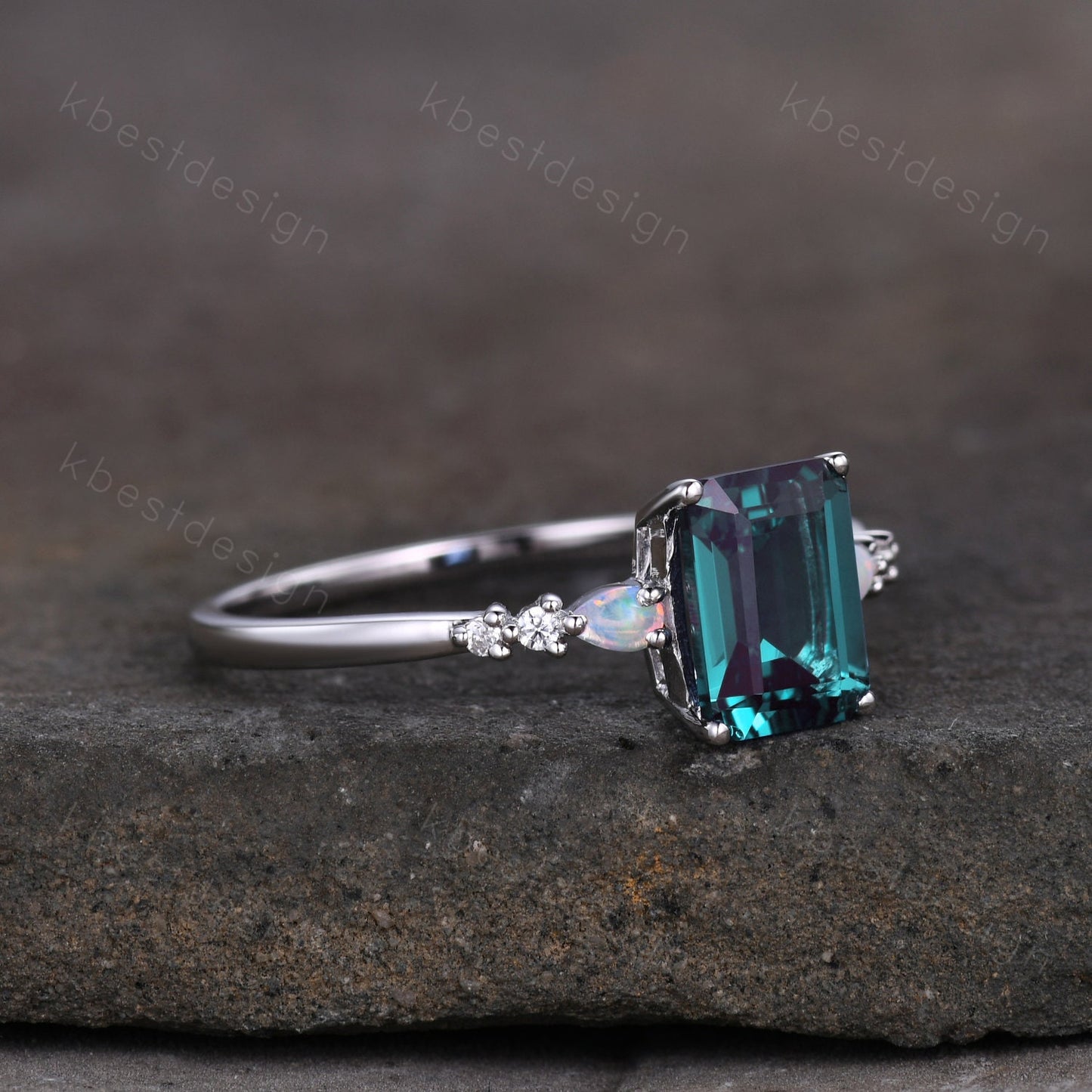 Emerald cut Alexandrite ring white gold ring for women vintage unique Alexandrite engagement ring pear opal wedding ring Promise ring