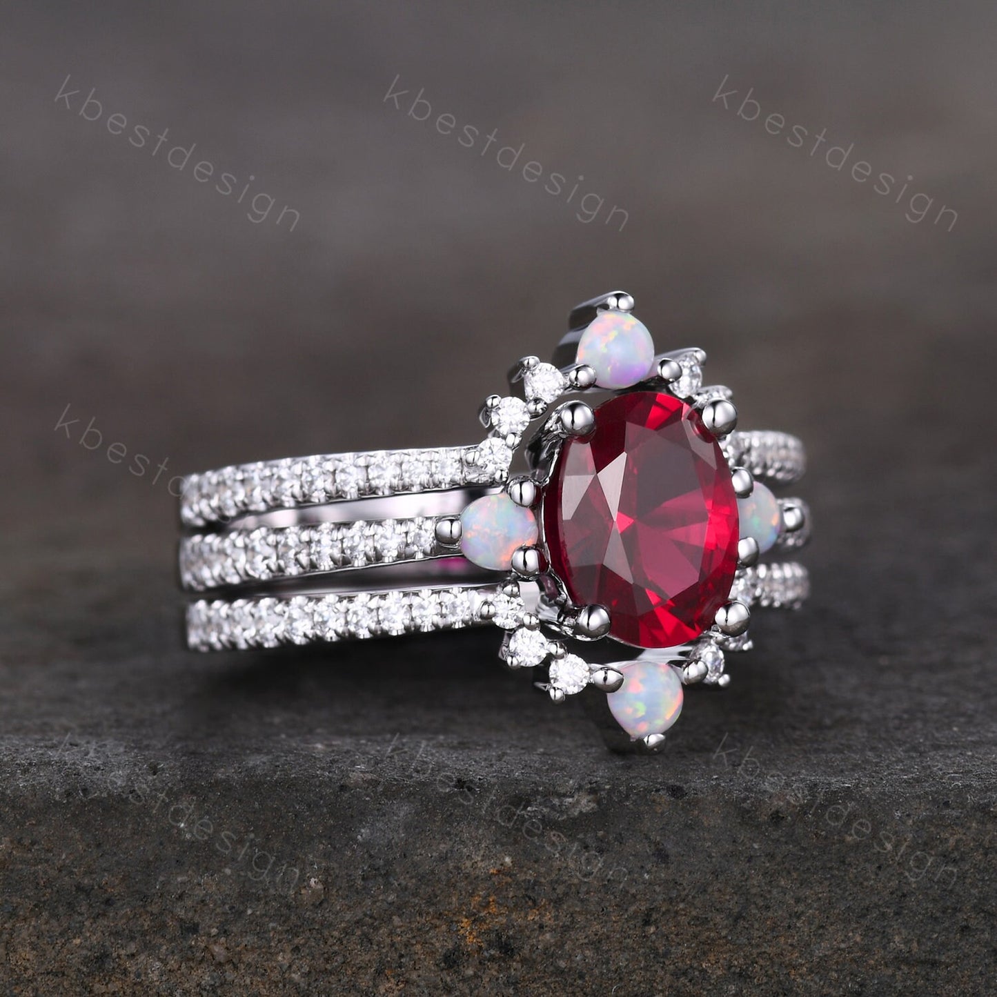 Vintage 3PCS Ruby Bridal Set/ Oval Ruby Engagement Ring Set/ Curved Opal Stacking Band/Silver Ring/ July Birthstone Ring/ Anniversary Gift