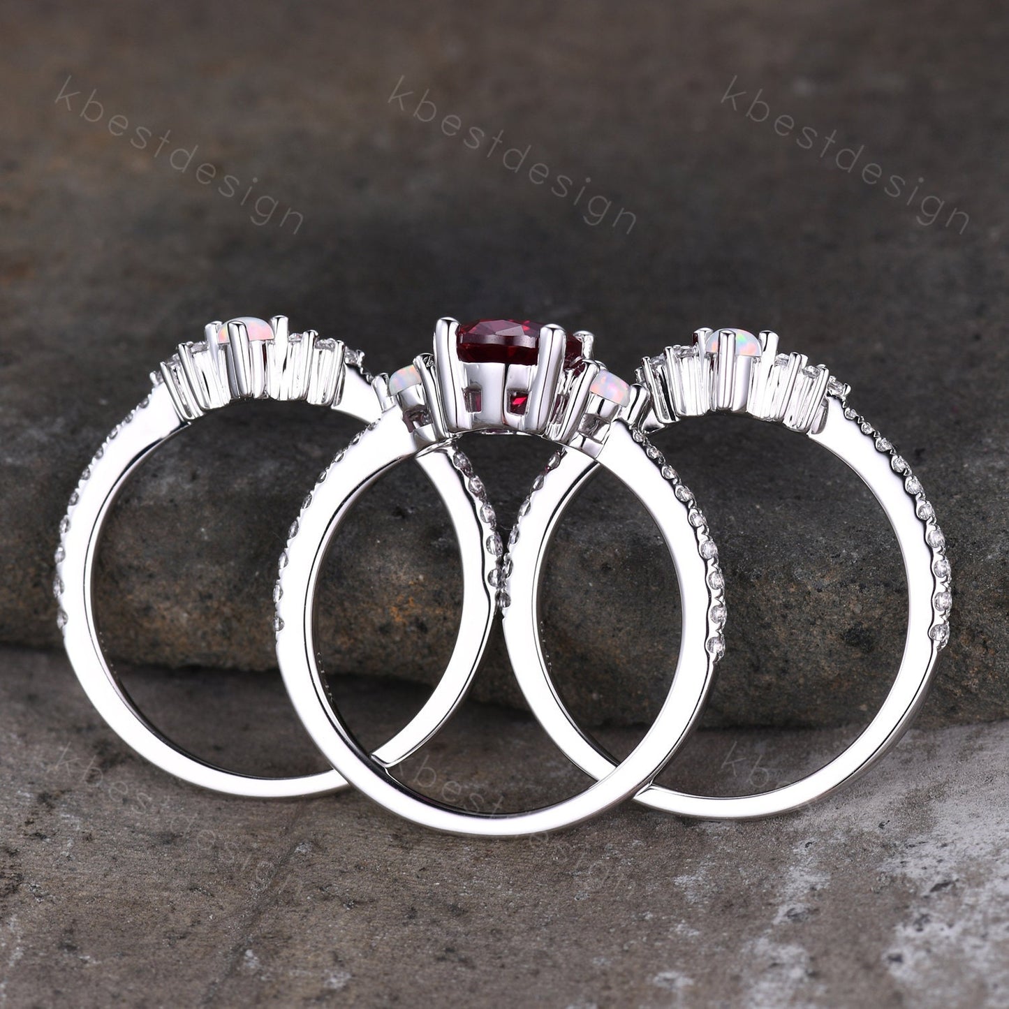 Vintage 3PCS Ruby Bridal Set/ Oval Ruby Engagement Ring Set/ Curved Opal Stacking Band/Silver Ring/ July Birthstone Ring/ Anniversary Gift