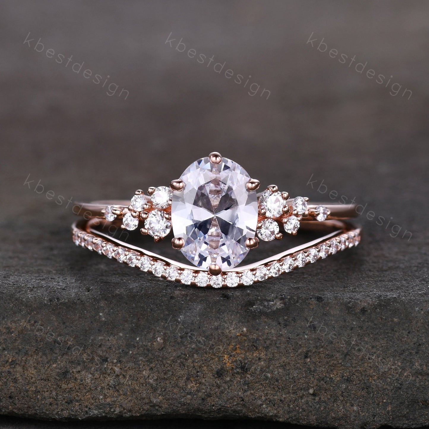 14K Rose Gold Rings/ 1.5CT Oval Simulated Diamond Wedding Ring/ Diamond Bridal Set Ring/ Anniversary Gift/ CZ Engagement Ring