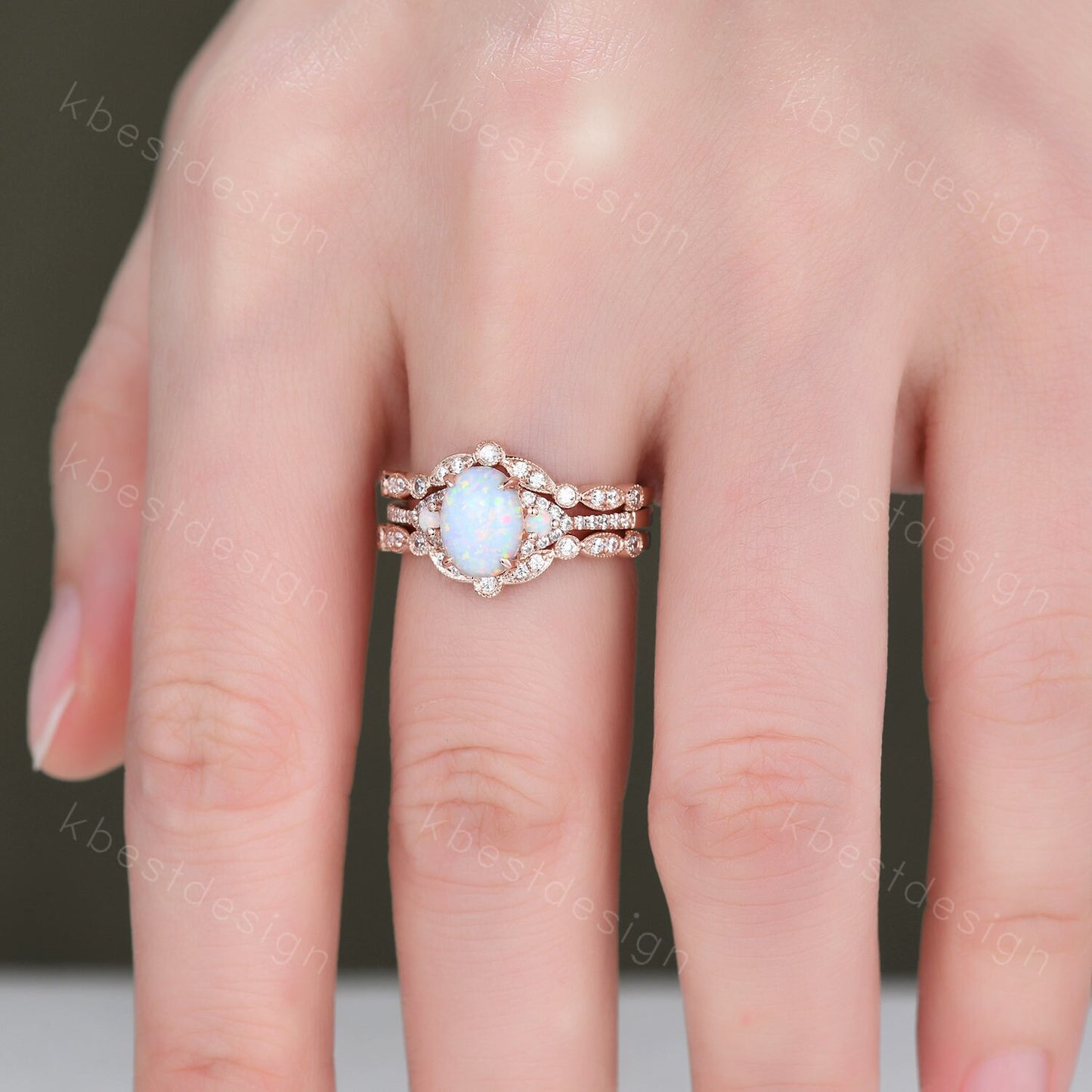 3PCS White Opal Engagement Ring Set, Rose Gold Rings for Women, Art Deco Moissanite Stacking Band, Oval Cut Bridal Set, Unique Curved Bands