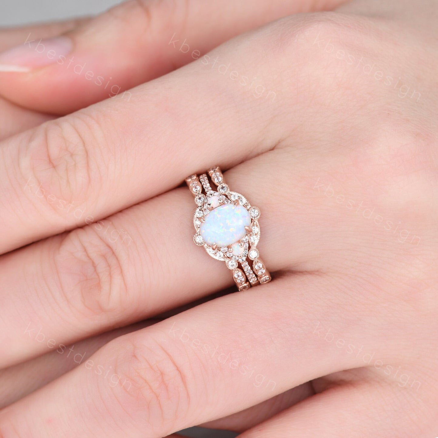 3PCS White Opal Engagement Ring Set, Rose Gold Rings for Women, Art Deco Moissanite Stacking Band, Oval Cut Bridal Set, Unique Curved Bands