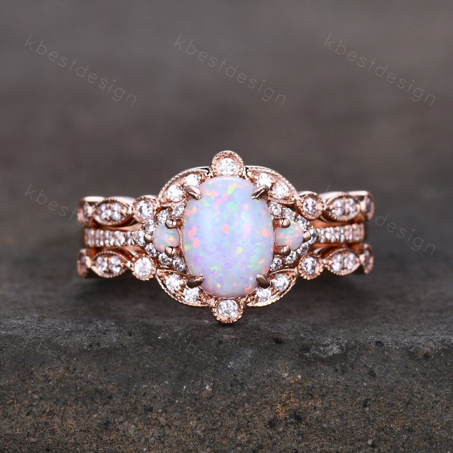 3PCS White Opal Engagement Ring Set, Rose Gold Rings for Women, Art Deco Moissanite Stacking Band, Oval Cut Bridal Set, Unique Curved Bands
