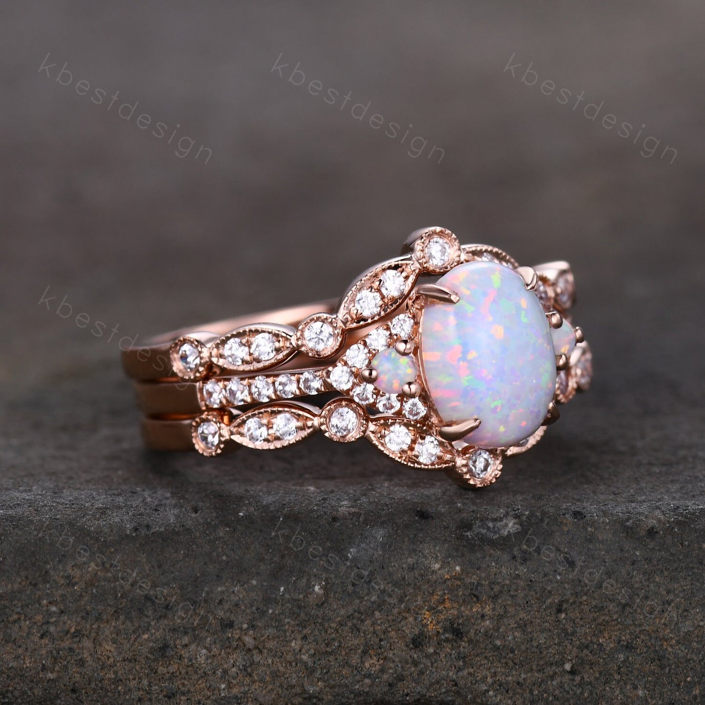 3PCS White Opal Engagement Ring Set, Rose Gold Rings for Women, Art Deco Moissanite Stacking Band, Oval Cut Bridal Set, Unique Curved Bands