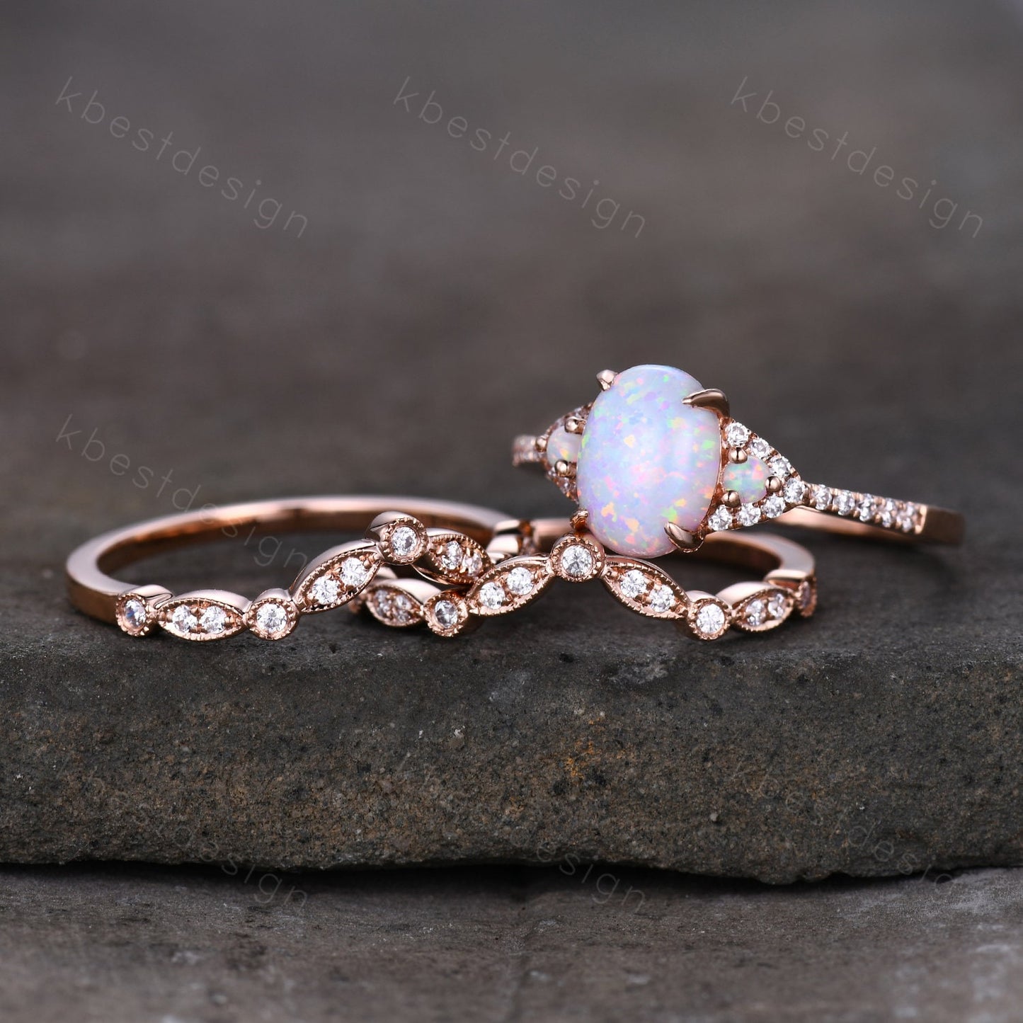 3PCS White Opal Engagement Ring Set, Rose Gold Rings for Women, Art Deco Moissanite Stacking Band, Oval Cut Bridal Set, Unique Curved Bands
