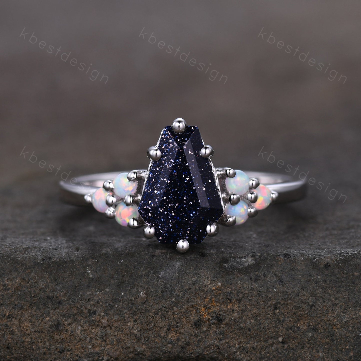Sterling silver galaxy blue sandstone ring Coffin shaped ring Vintage opal Cluster engagement ring Dainty curved moissanite wedding band set