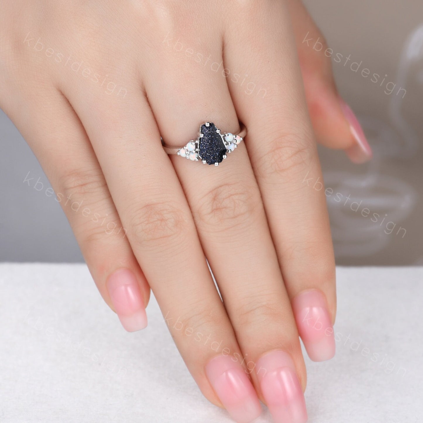 Galaxy Blue Sandstone Engagement Ring Antique Coffin Shaped Ring Unique Art Deco Opal Cluster Ring Women Silver Wedding Bridal Promise Ring
