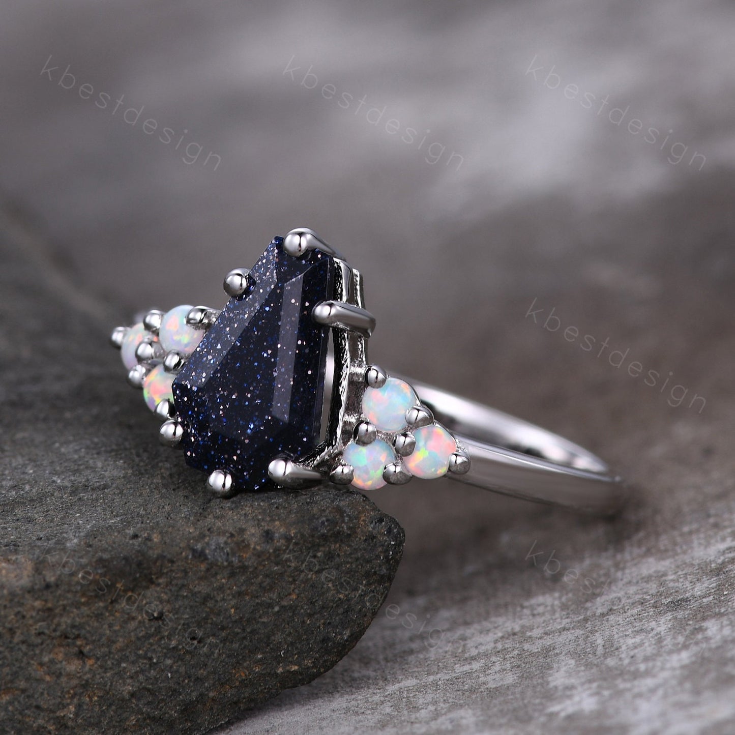 Galaxy Blue Sandstone Engagement Ring Antique Coffin Shaped Ring Unique Art Deco Opal Cluster Ring Women Silver Wedding Bridal Promise Ring