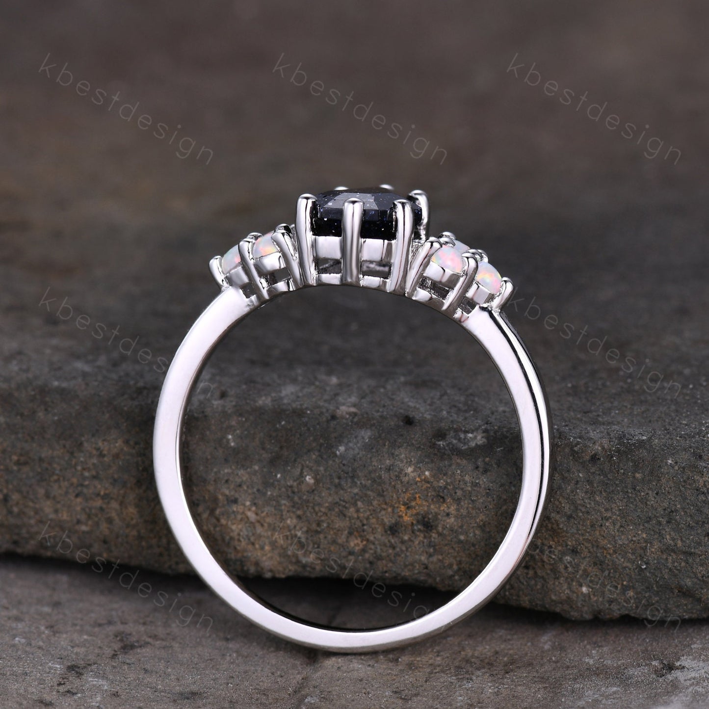 Galaxy Blue Sandstone Engagement Ring Antique Coffin Shaped Ring Unique Art Deco Opal Cluster Ring Women Silver Wedding Bridal Promise Ring
