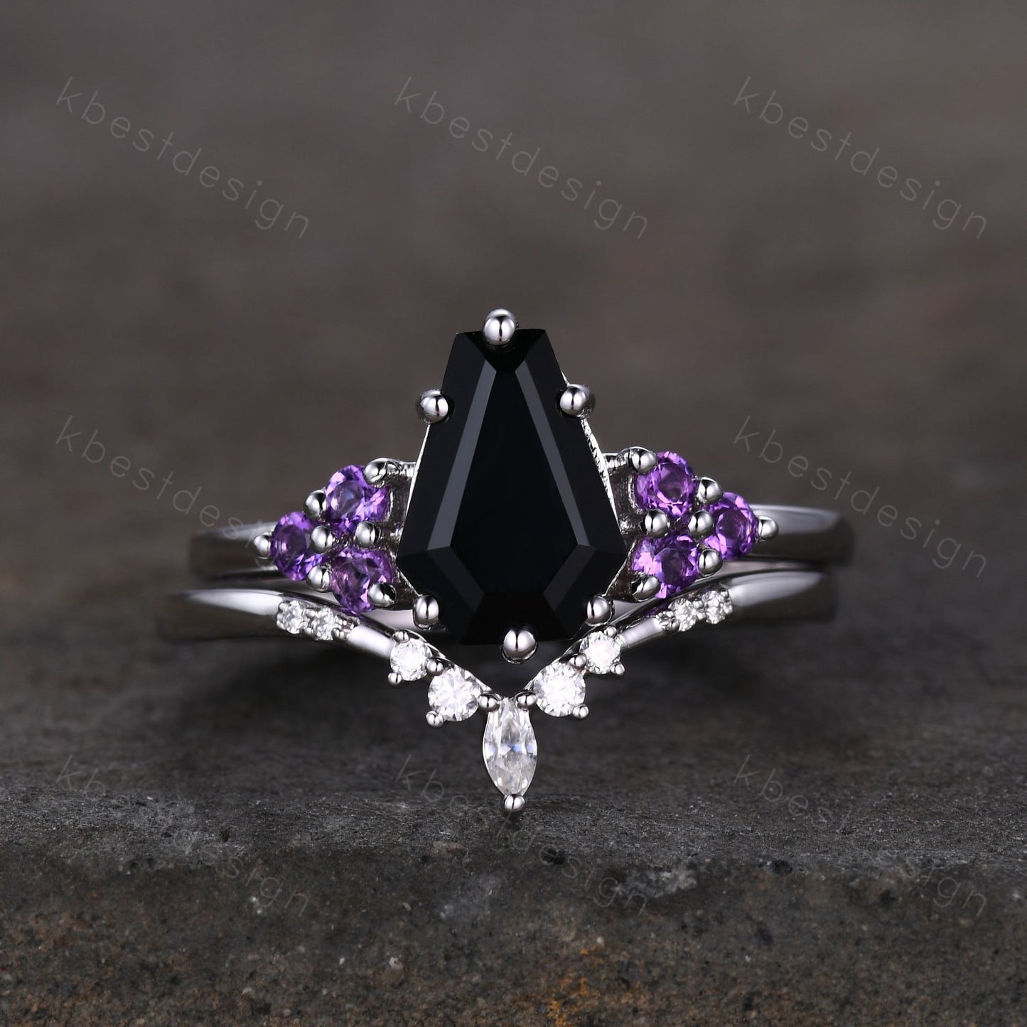 Sterling Silver Black Onyx Engagement Ring Set Unique Coffin Shaped Ring Art Deco Moissanite Curved Wedding Band Amethyst Cluster Ring