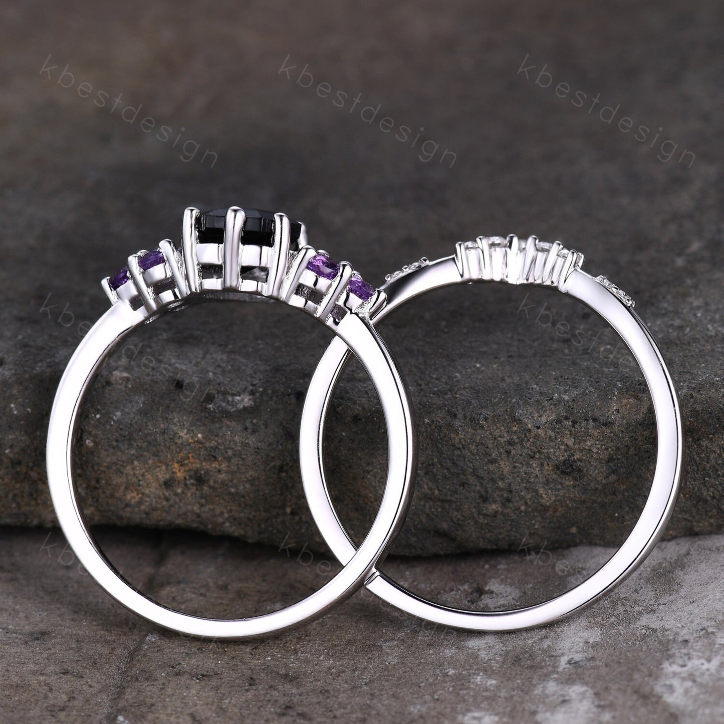 Sterling Silver Black Onyx Engagement Ring Set Unique Coffin Shaped Ring Art Deco Moissanite Curved Wedding Band Amethyst Cluster Ring