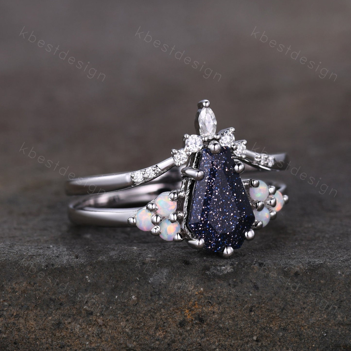 Sterling silver galaxy blue sandstone ring Coffin shaped ring Vintage opal Cluster engagement ring Dainty curved moissanite wedding band set