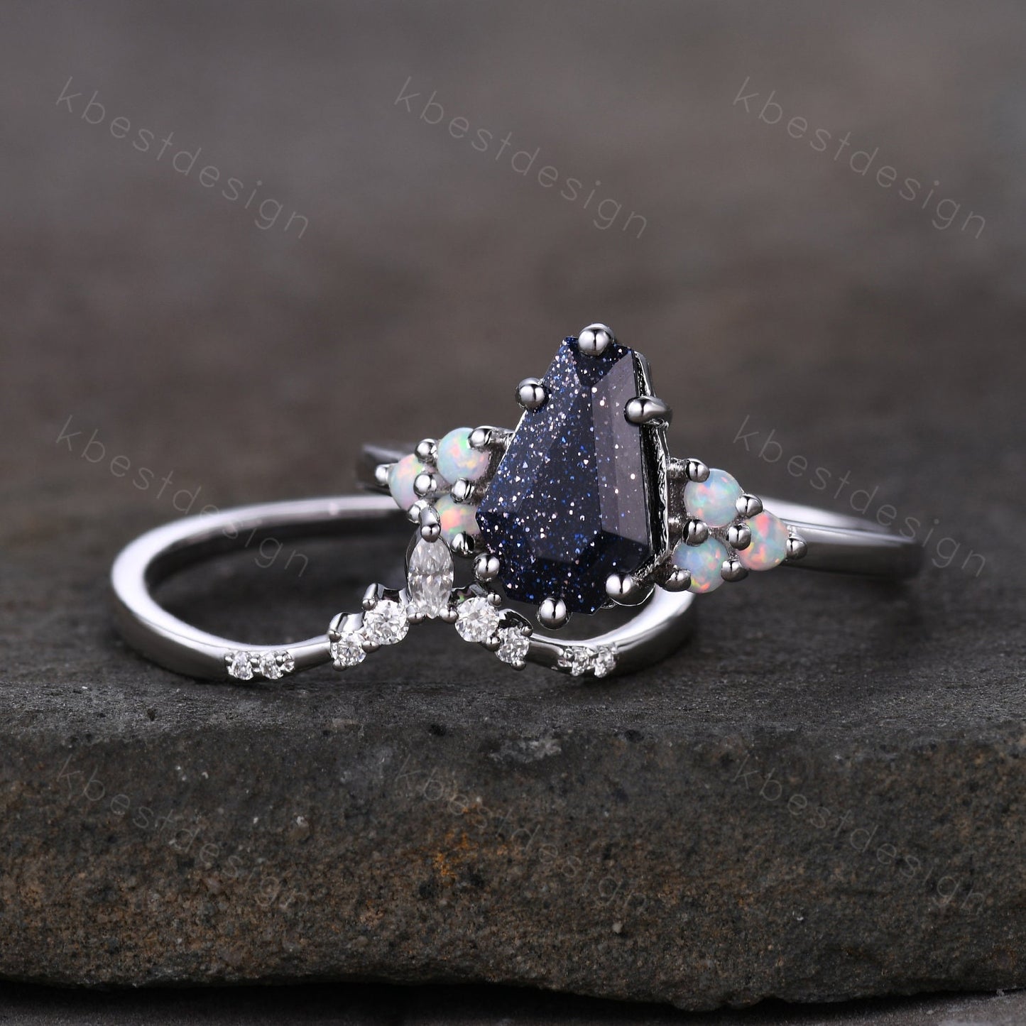 Sterling silver galaxy blue sandstone ring Coffin shaped ring Vintage opal Cluster engagement ring Dainty curved moissanite wedding band set