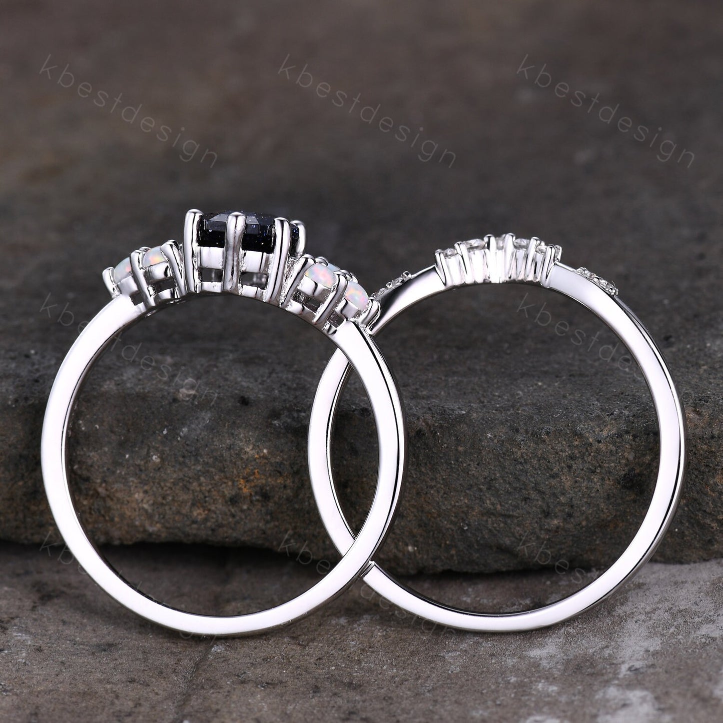 Sterling silver galaxy blue sandstone ring Coffin shaped ring Vintage opal Cluster engagement ring Dainty curved moissanite wedding band set