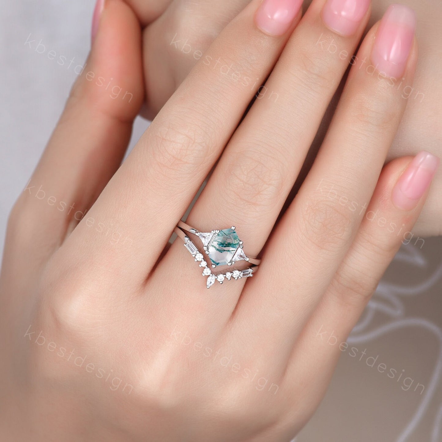 Hexagon cut green moss agate ring women sterling silver moissanite ring unique three stone engagement ring curved stacking bridal ring set