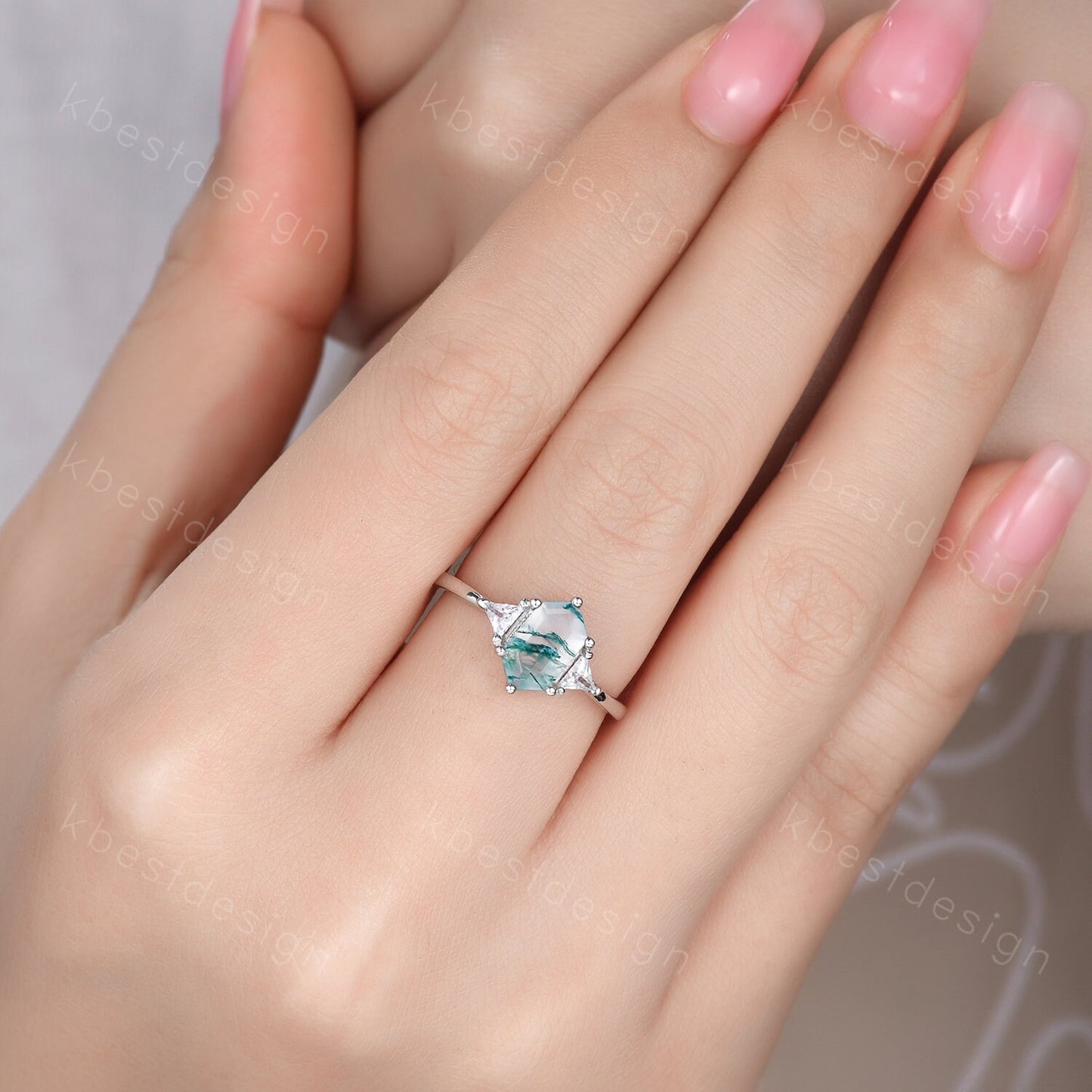 Hexagon cut green moss agate ring women sterling silver moissanite ring unique three stone engagement ring curved stacking bridal ring set