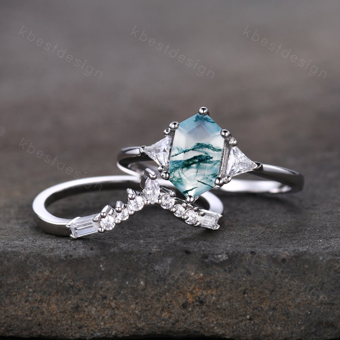 Hexagon cut green moss agate ring women sterling silver moissanite ring unique three stone engagement ring curved stacking bridal ring set