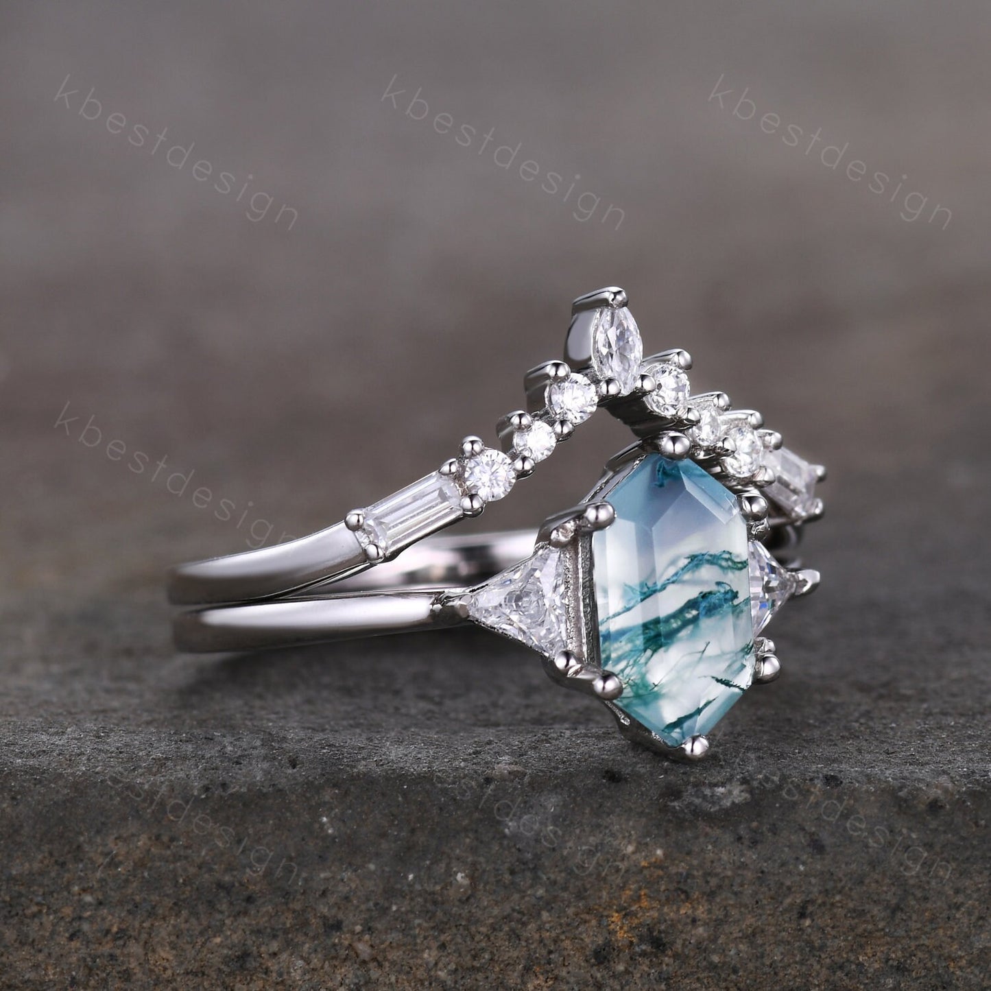 Hexagon cut green moss agate ring women sterling silver moissanite ring unique three stone engagement ring curved stacking bridal ring set