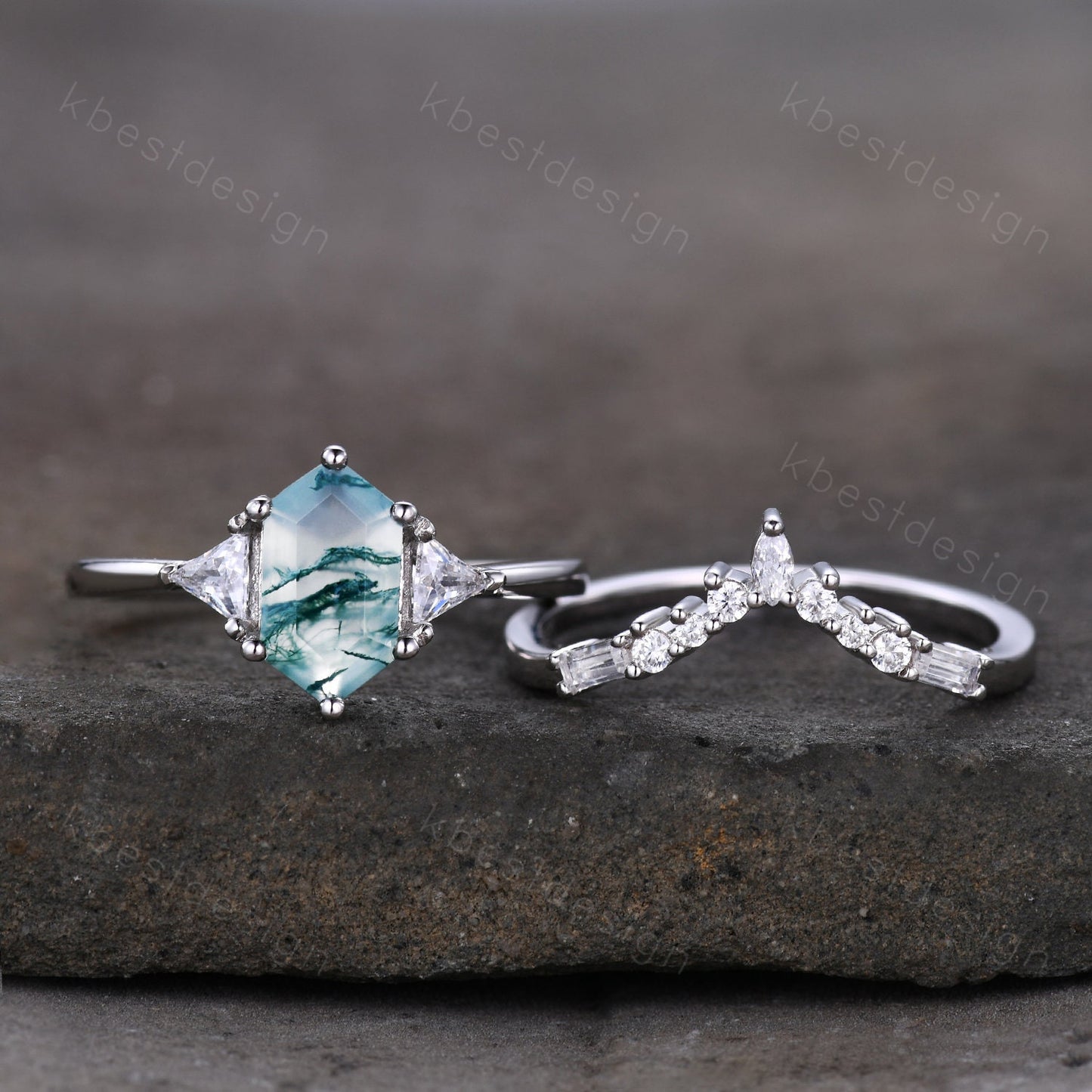 Hexagon cut green moss agate ring women sterling silver moissanite ring unique three stone engagement ring curved stacking bridal ring set