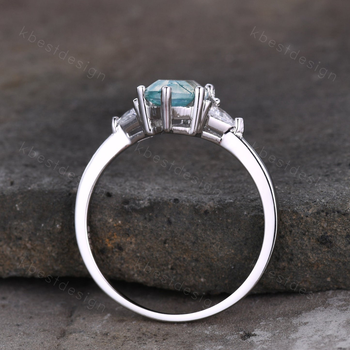 Hexagon cut green moss agate ring women sterling silver moissanite ring unique three stone engagement ring curved stacking bridal ring set
