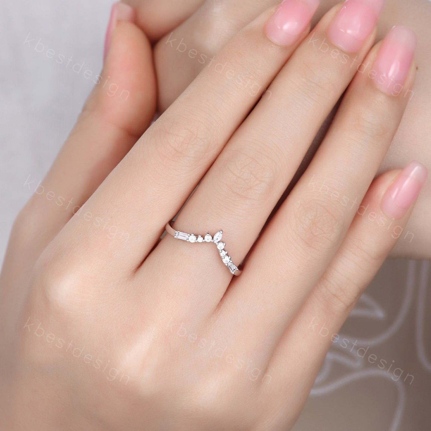 Curved wedding band sterling silver wedding ring art deco baguette Diamond/Moissanite stacking matching band anniversary gift for her