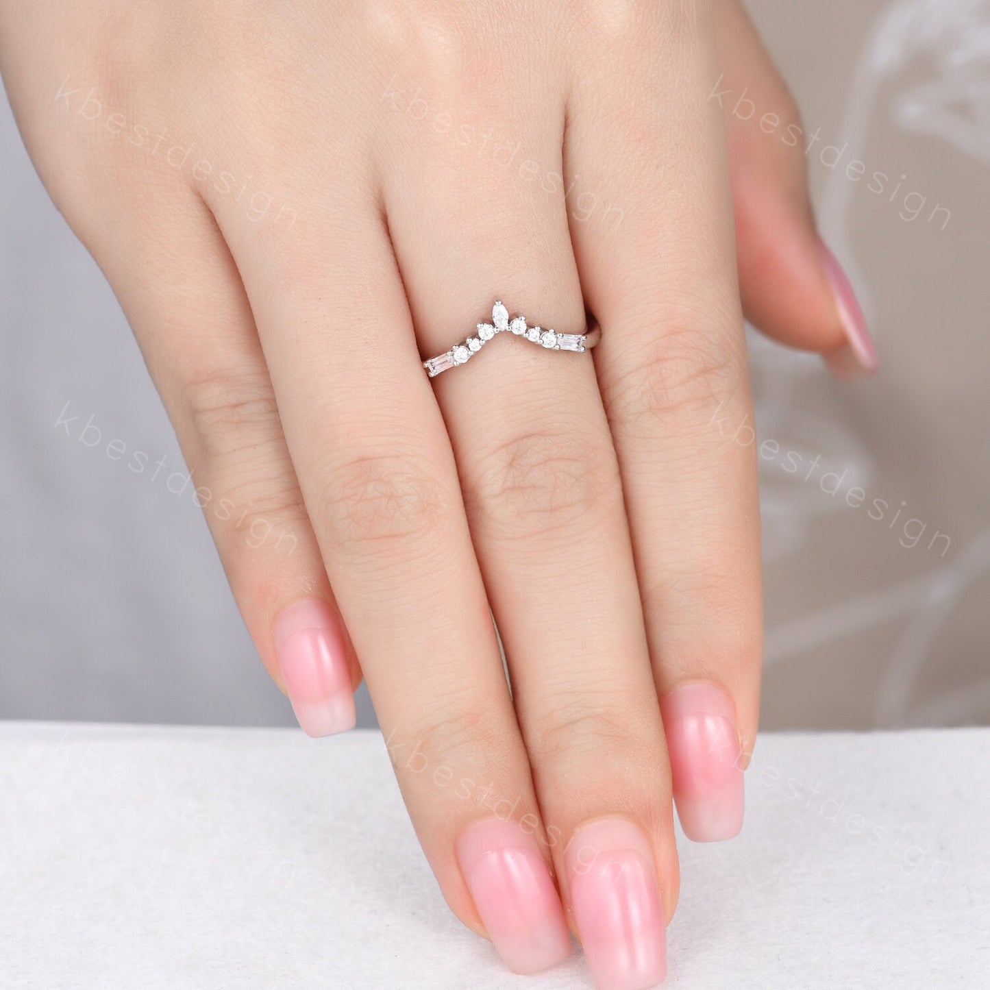 Curved wedding band sterling silver wedding ring art deco baguette Diamond/Moissanite stacking matching band anniversary gift for her