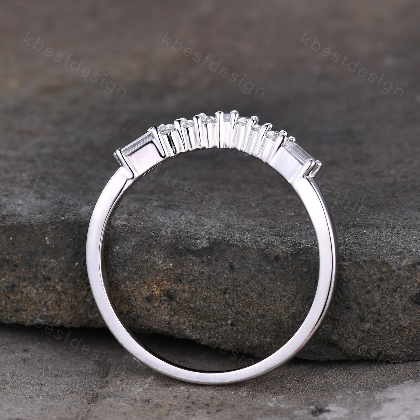 Curved wedding band sterling silver wedding ring art deco baguette Diamond/Moissanite stacking matching band anniversary gift for her