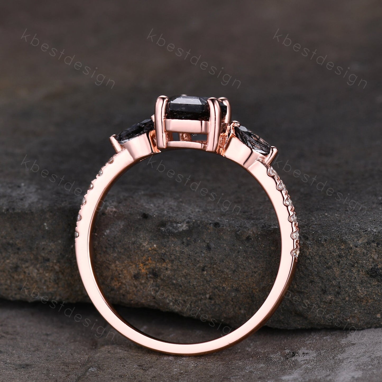 Vintage coffin cut black rutilated quartz engagement ring Marquise cut ring 14k Rose gold unique ring Moissanite pave band Anniversary ring