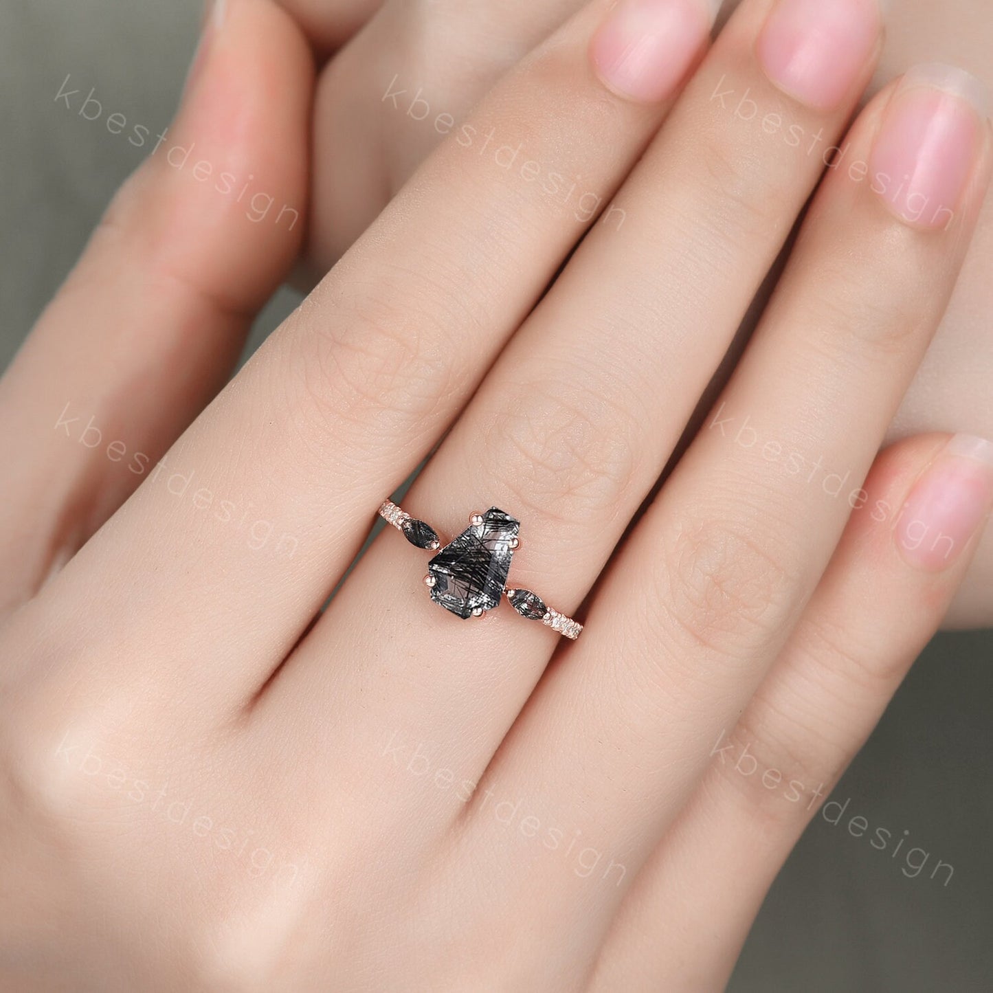 Vintage coffin cut black rutilated quartz engagement ring Marquise cut ring 14k Rose gold unique ring Moissanite pave band Anniversary ring