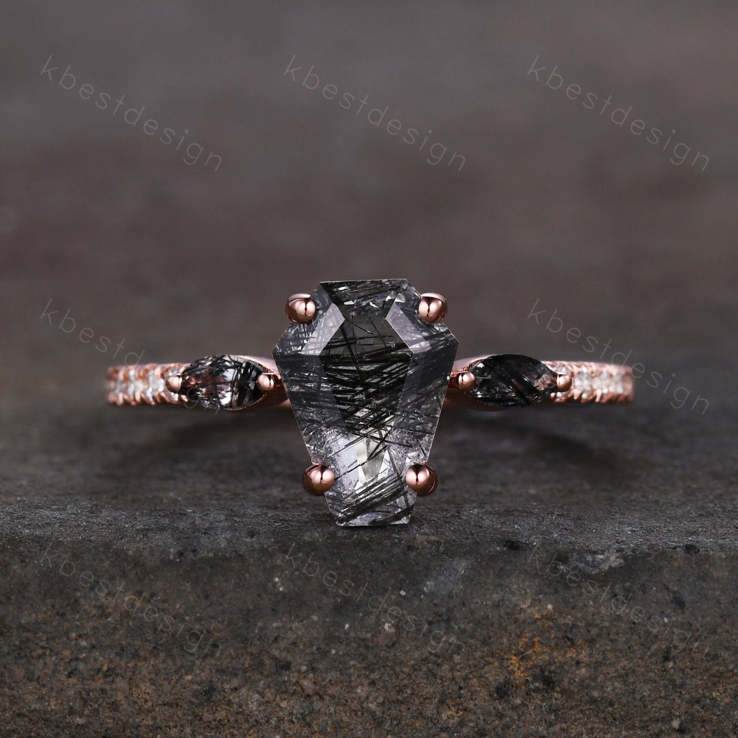 Vintage coffin cut black rutilated quartz engagement ring 14K Rose gold unique Moissanite ring Art deco Curved stacking band Bridal Ring Set