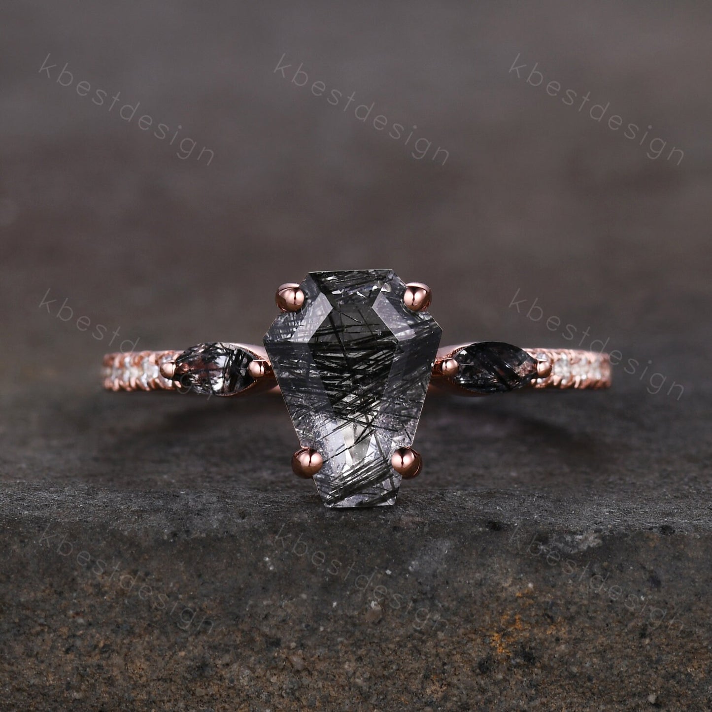 Vintage coffin cut black rutilated quartz engagement ring Marquise cut ring 14k Rose gold unique ring Moissanite pave band Anniversary ring