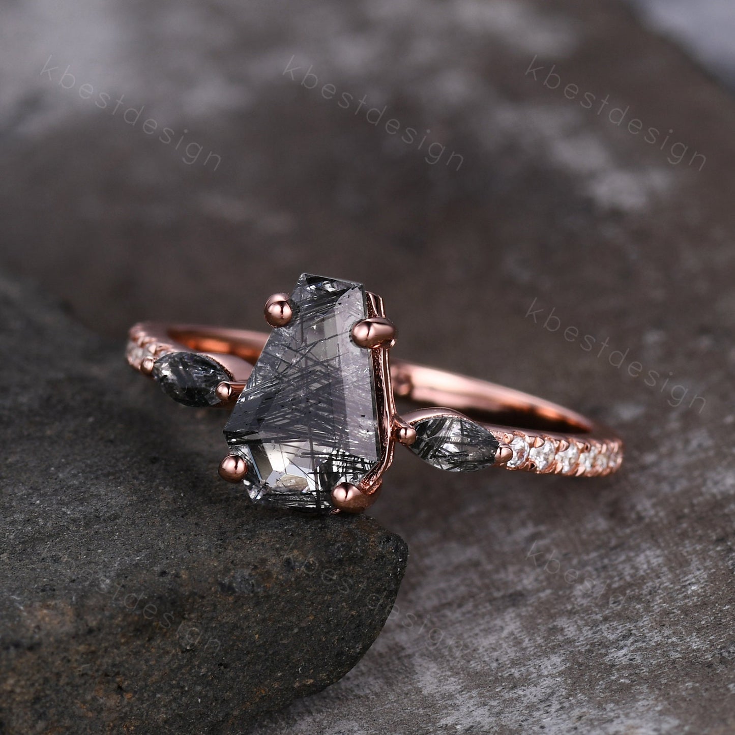 Vintage coffin cut black rutilated quartz engagement ring Marquise cut ring 14k Rose gold unique ring Moissanite pave band Anniversary ring