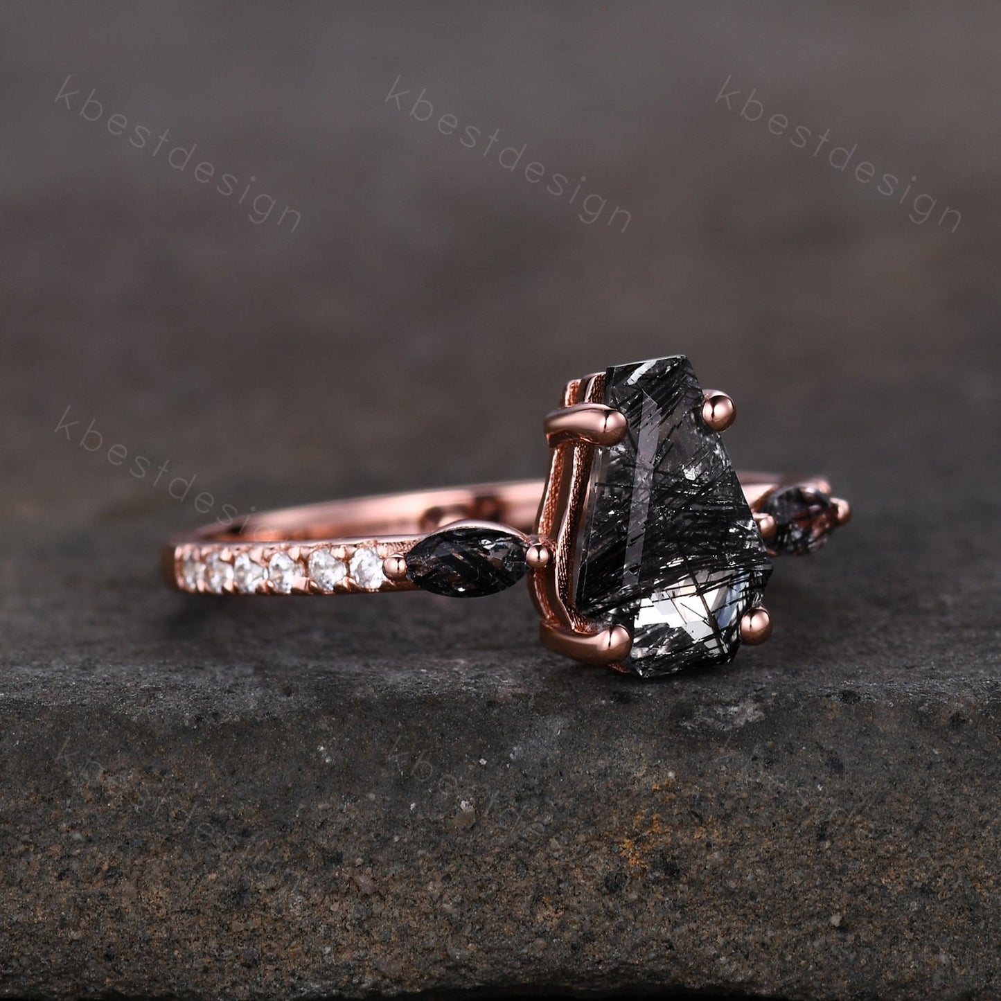 Vintage coffin cut black rutilated quartz engagement ring Marquise cut ring 14k Rose gold unique ring Moissanite pave band Anniversary ring